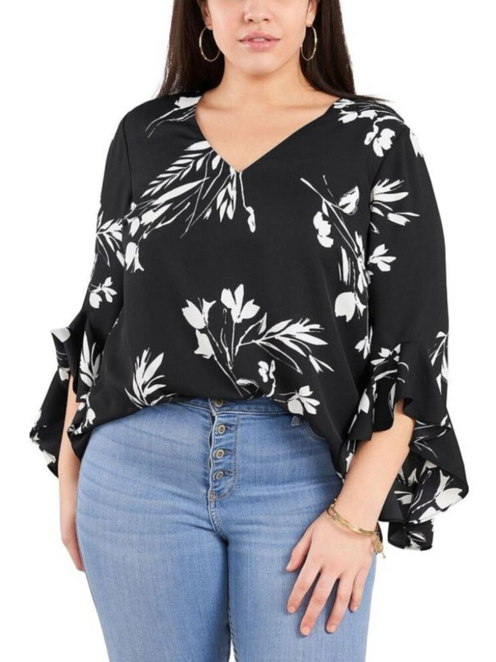 Vince Camuto Flutter Sleeve Black Floral Whisper V-Neck Blouse Size 1X  NWT